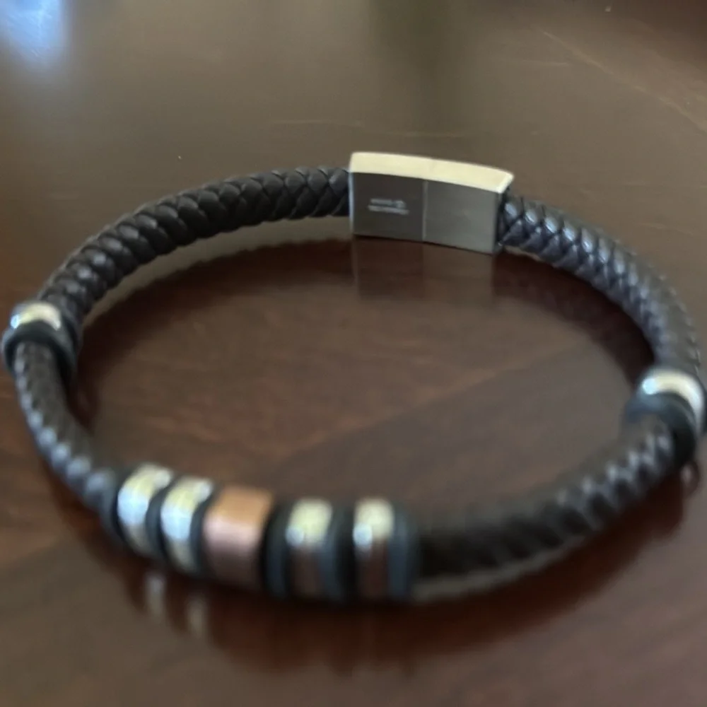 New Men’s Stainless Steel and Braided Brown Leather Bracelet